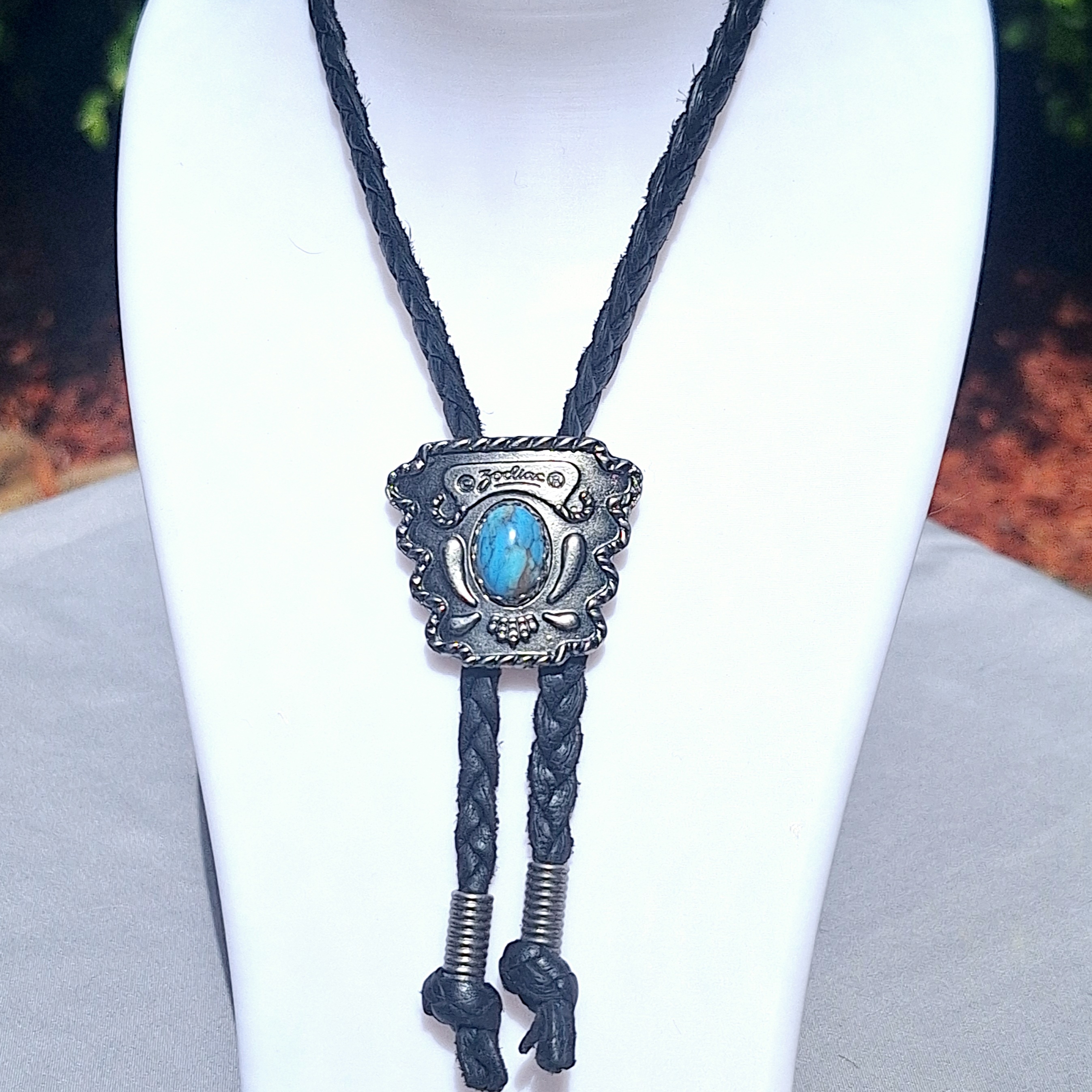 Vintage Zodiac Bolo Tie Silver Tone W/ Turquoise Leather Cord